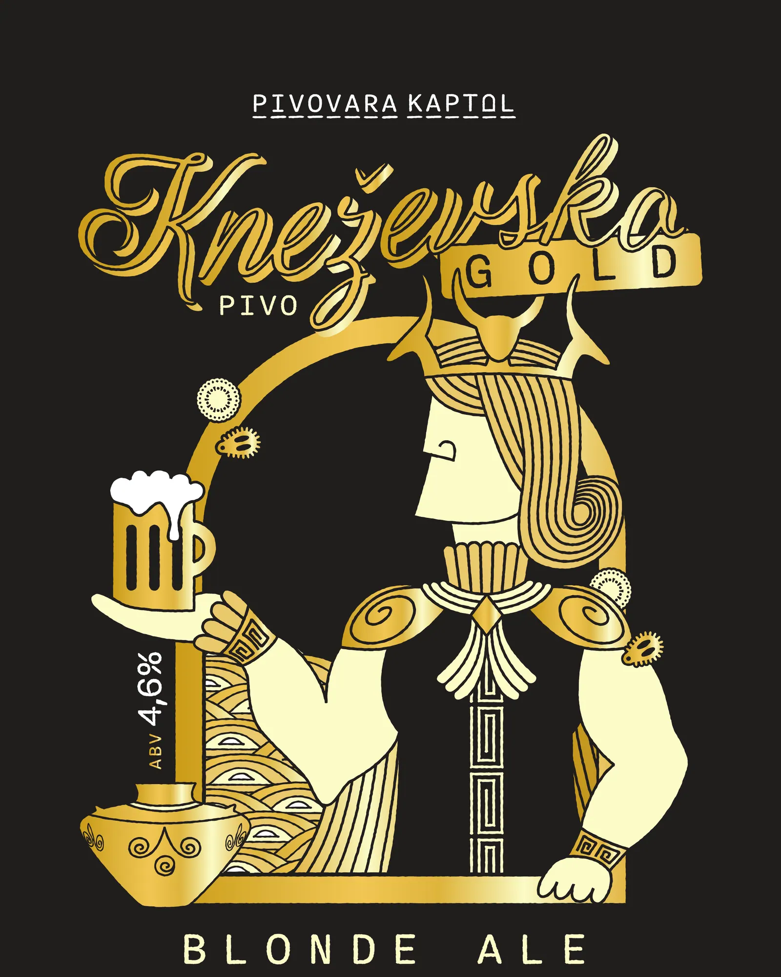 Zlatna etiketa Kneževskog Gold: knez s rogatom krunom pod lukom pruža kriglu piva, uz natpis Blonde Ale